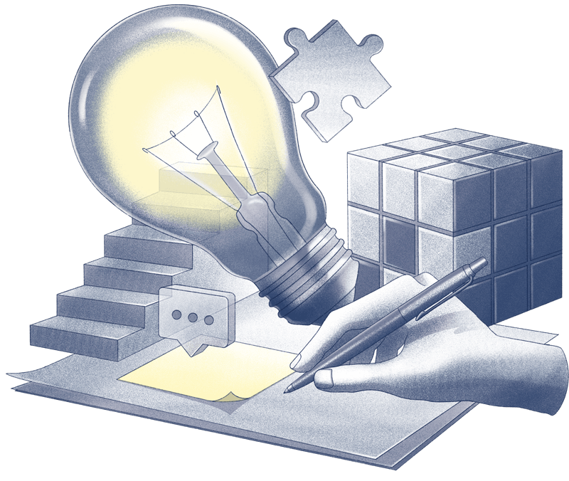 a drawing of a light bulb and puzzle pieces